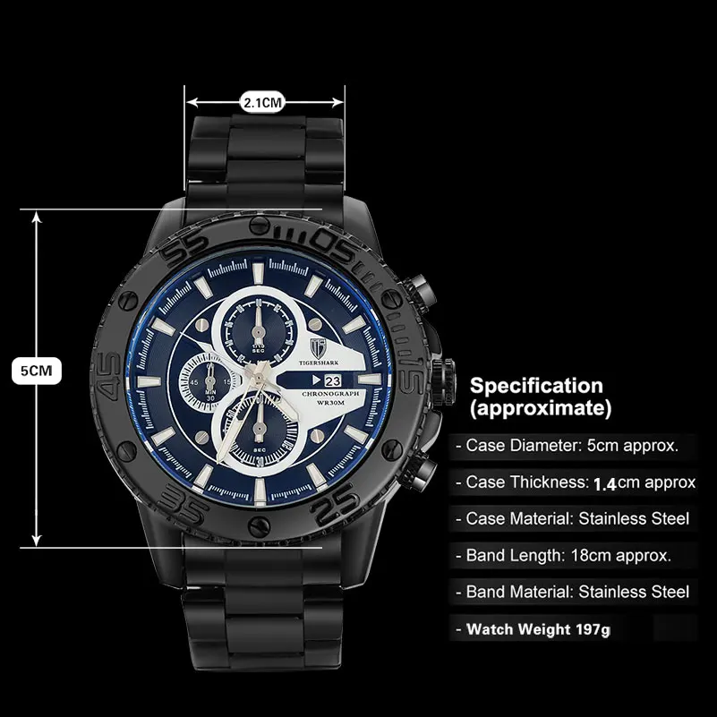 Часы хронограф мужские из нержавеющей стали водонепроницаемость 30 м|Мужские