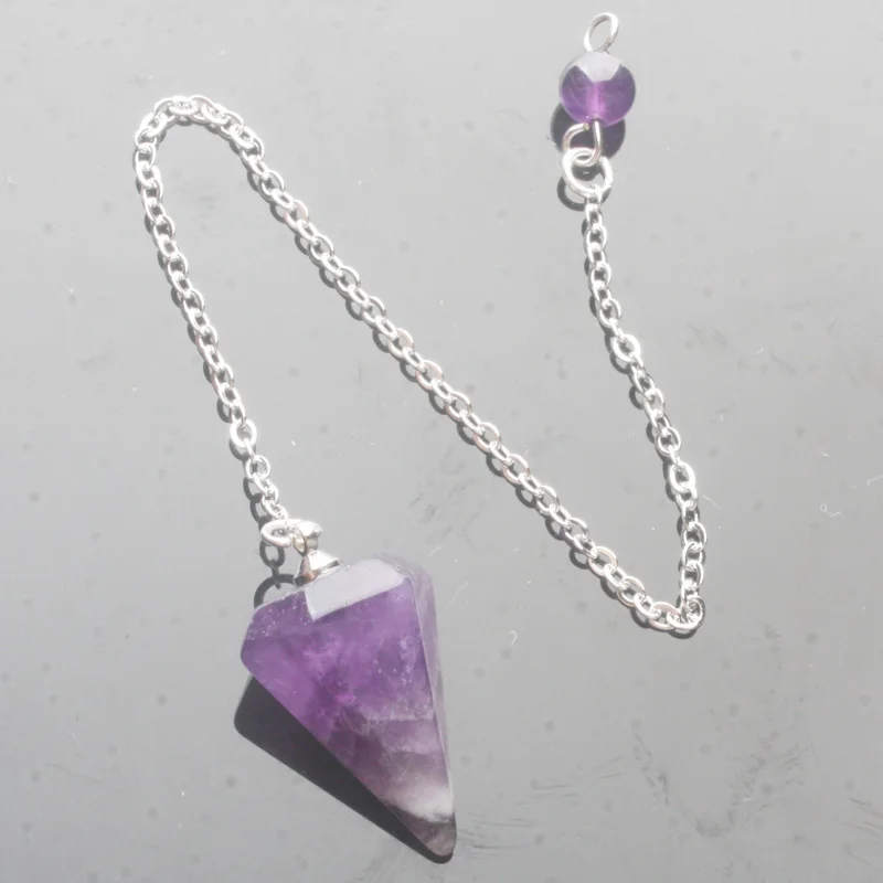 Amethyst 14X22 мм маленький размер аметисты Lapis Opal Прозрачный кристаллический камень цепочка с кулоном в виде конуса придавая целебная чакра Шестигранный Маятник с цепью 1 шт - Окраска металла: Amethyst
