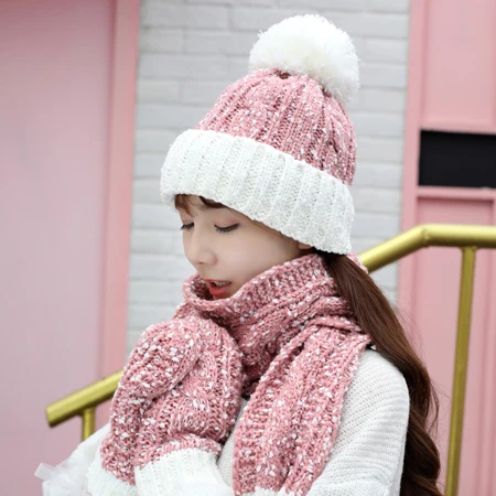 pink Модные женские зимние шапки, шарф, перчатки, толстый бархат, шерсть, вязаная шапка, набор аксессуаров для женщин и мужчин, шапка, шарф, перчатки для катания на лыжах, 3 шт - Цвет: pink