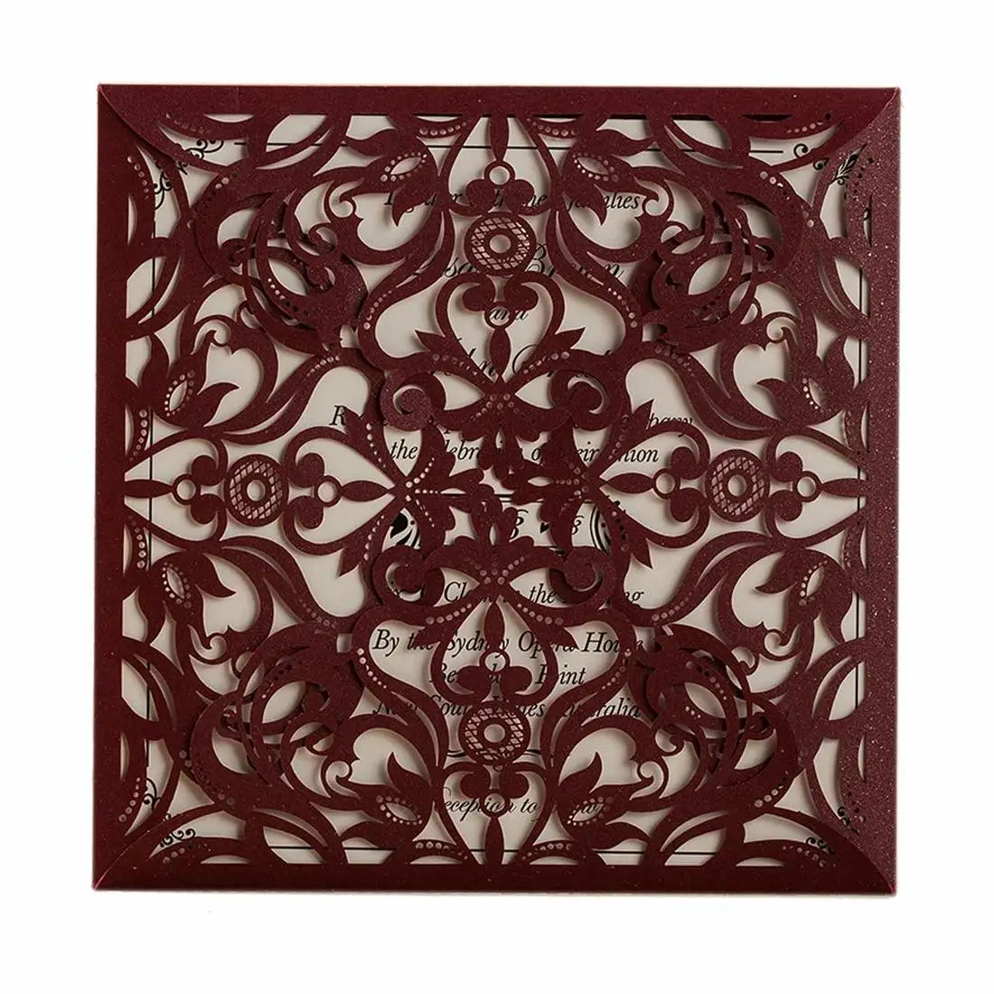 

50 Pcs/Lot Burgundy Square Laser Cut Wedding Invitations with Envelope, Blank Birthday Invites for Bridal Shower Dinner Party