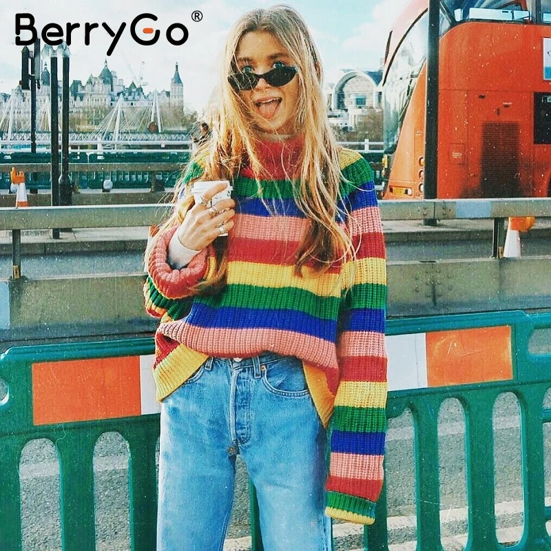 BerryGo Водолазка Полосатый Радужный свитер для женщин рукав летучая мышь