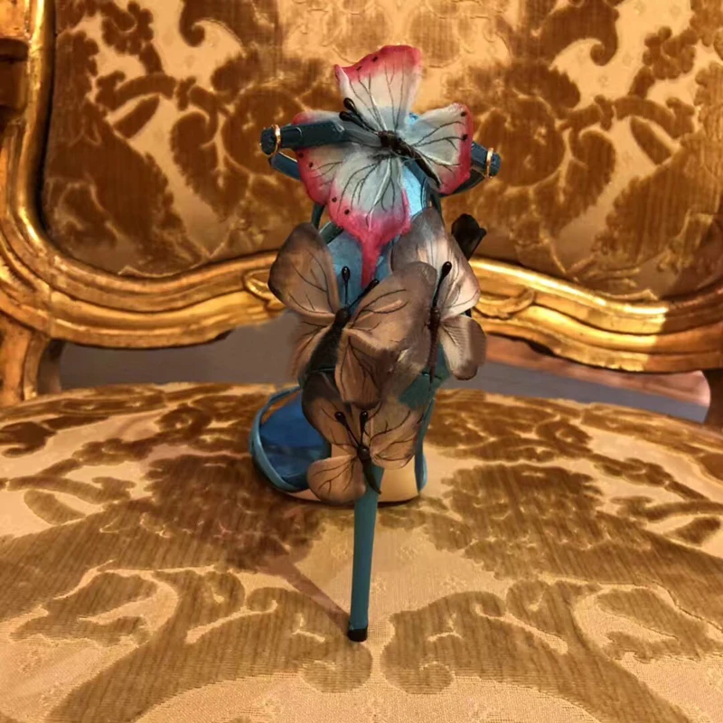 Босоножки женские желтые/черные летняя обувь с бабочками и цветами ремешки