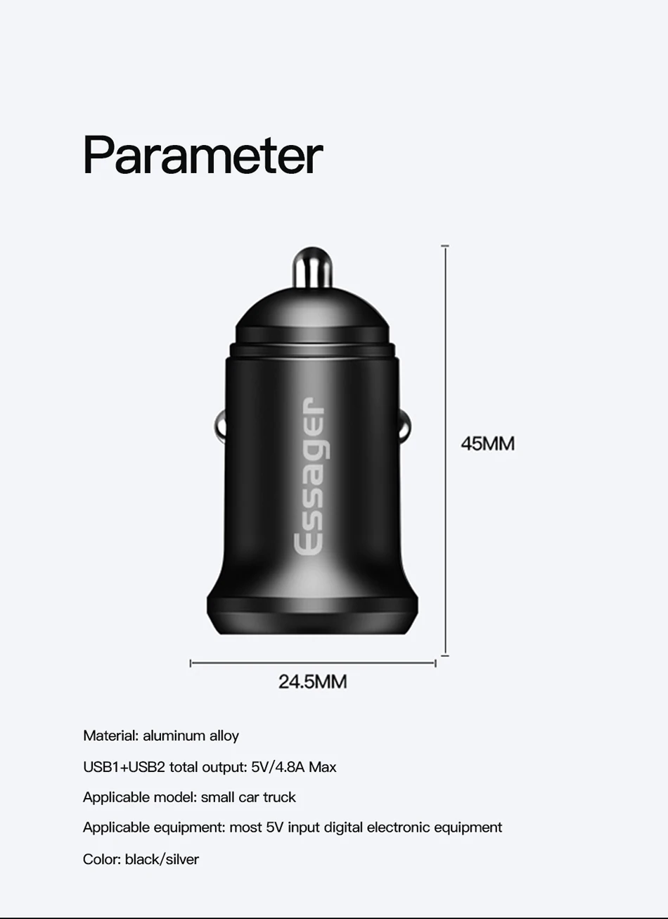 Автомобильное USB зарядное устройство Essager Led для iPhone Xiaomi samsung huawei Зажигалка быстрое автомобильное зарядное устройство для мобильного телефона двойное USB Автомобильное зарядное устройство 4.8A