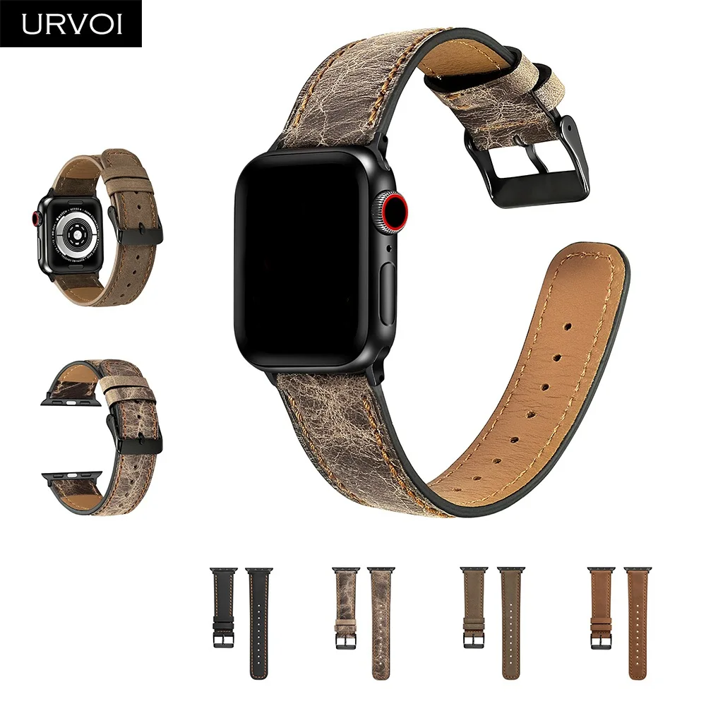 Ремешок URVOI для apple watch series 5 4 3 2 1 кожаный ремешок для iwatch с черной пряжкой мягкая и удобная телячья кожа 40 44 мм