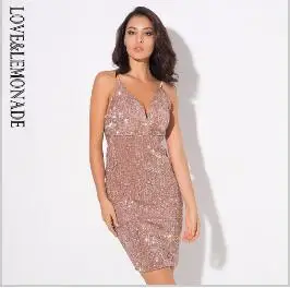 Love& Lemonade сексуальные с v-образным вырезом эластичные Блестки Холтер Bodycon Вечерние платья серебро/темно-синий/розовый/шампань LM0032 - Цвет: Champagne