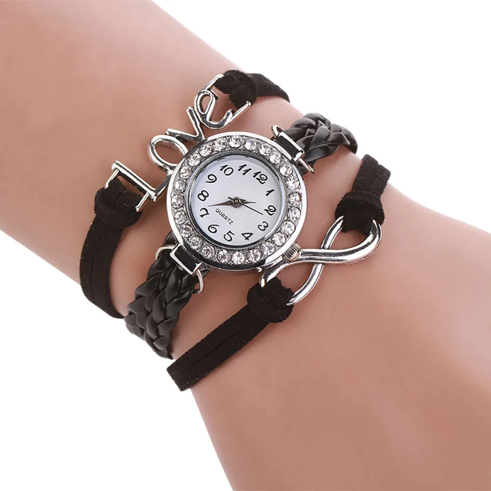 Новая мода горный хрусталь Женская Бесконечная любовь ручной вязки кожаный ремешок кварцевые наручные часы платье часы reloj mujer 40Q