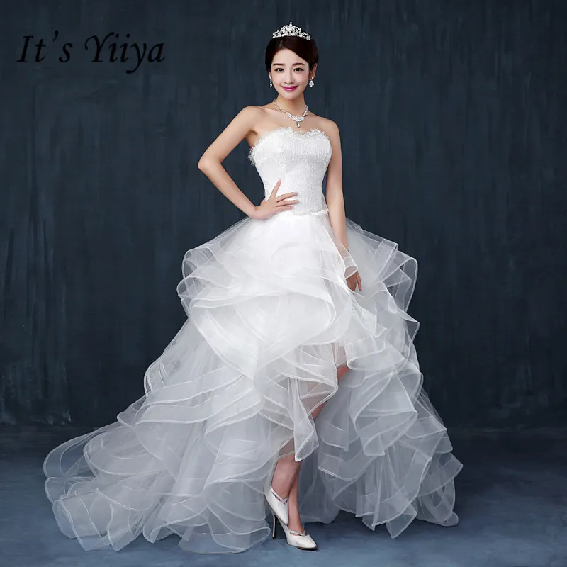 

vestidos de noiva Elegant Lace Dresses for Wedding Party 2019 Strapless Ruffles Train Bride Frocks Bridal Gown Formal Dresses