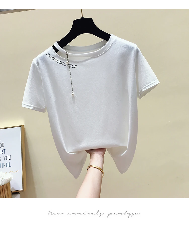 Camisetas Mujer Verano, Забавные футболки с жемчужинами, женские хлопковые футболки с коротким рукавом, женские топы, белая футболка, женская футболка