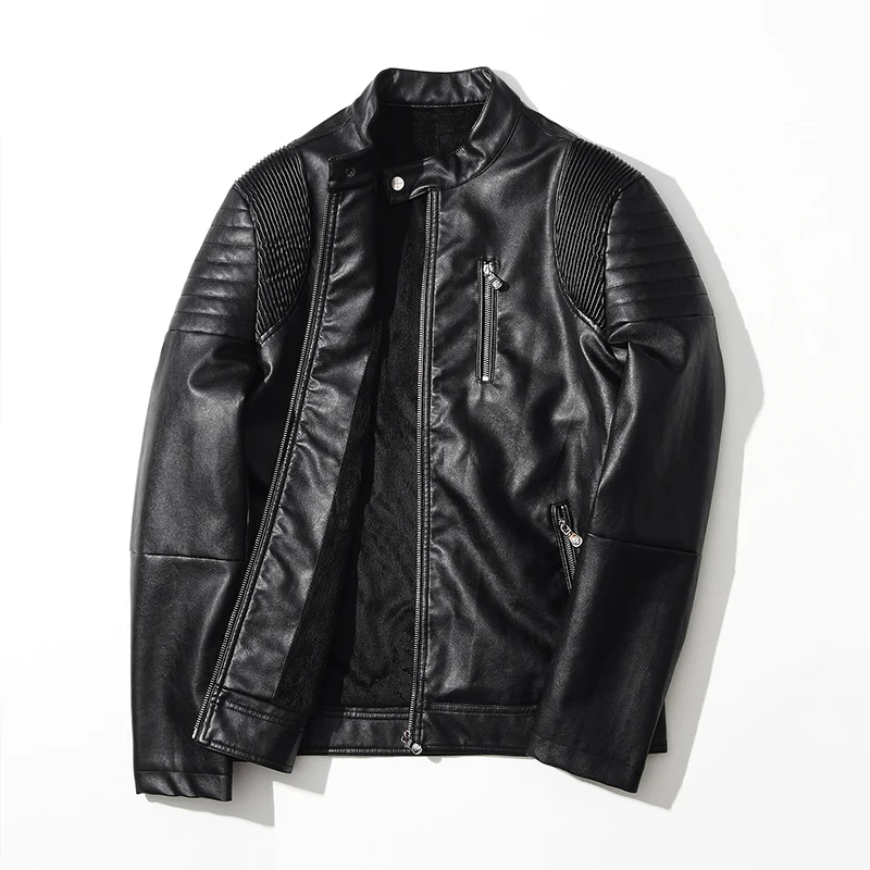 2018 New Mens Leather Men Slim Washed PU And Viscose Material Motorcycle Jacket Stand Collar Casual Ruched Zipper | Мужская одежда