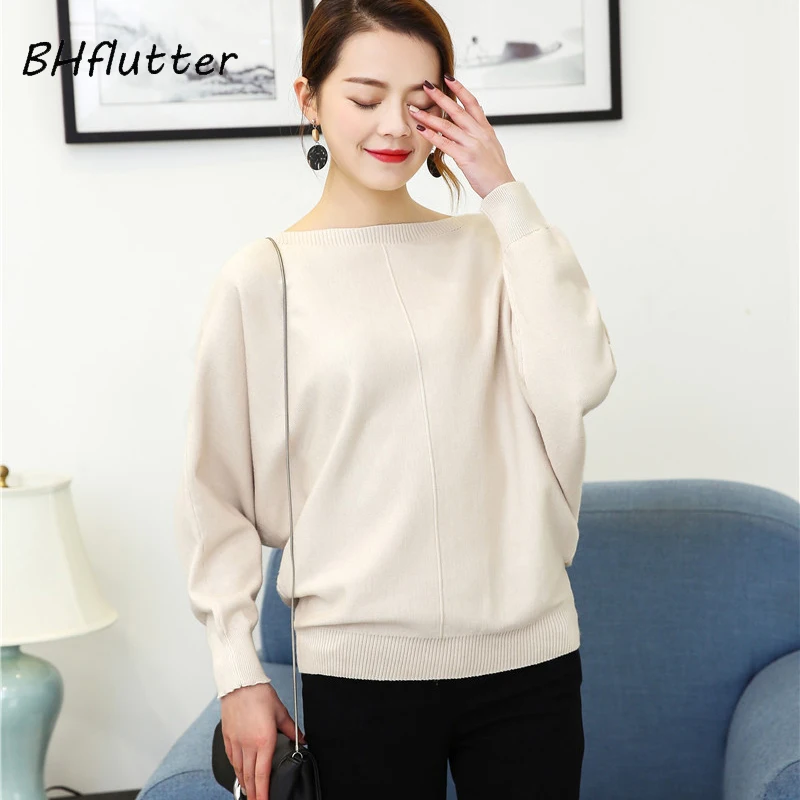 Женский кашемировый свитер BHflutter повседневный вязаный джемпер с рукавом летучая
