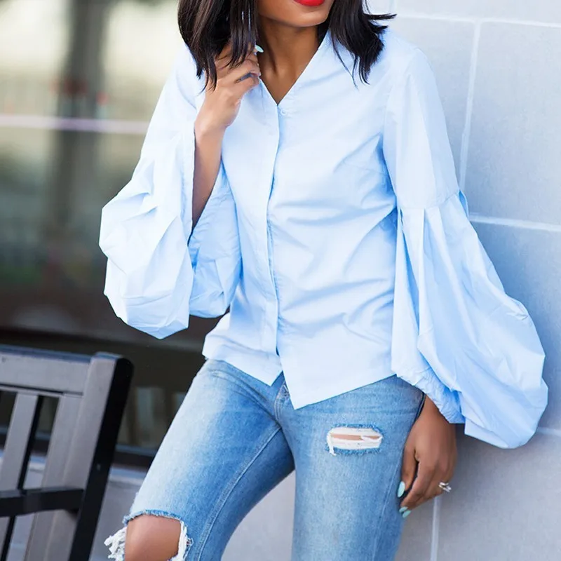 Blue Blouses CHICEVER синяя блузка женские рубашки с v-образным вырезом и пышными рукавами однобортные Женские топы и блузки Осенняя модная одежда Новинка - Цвет: Blue Blouses
