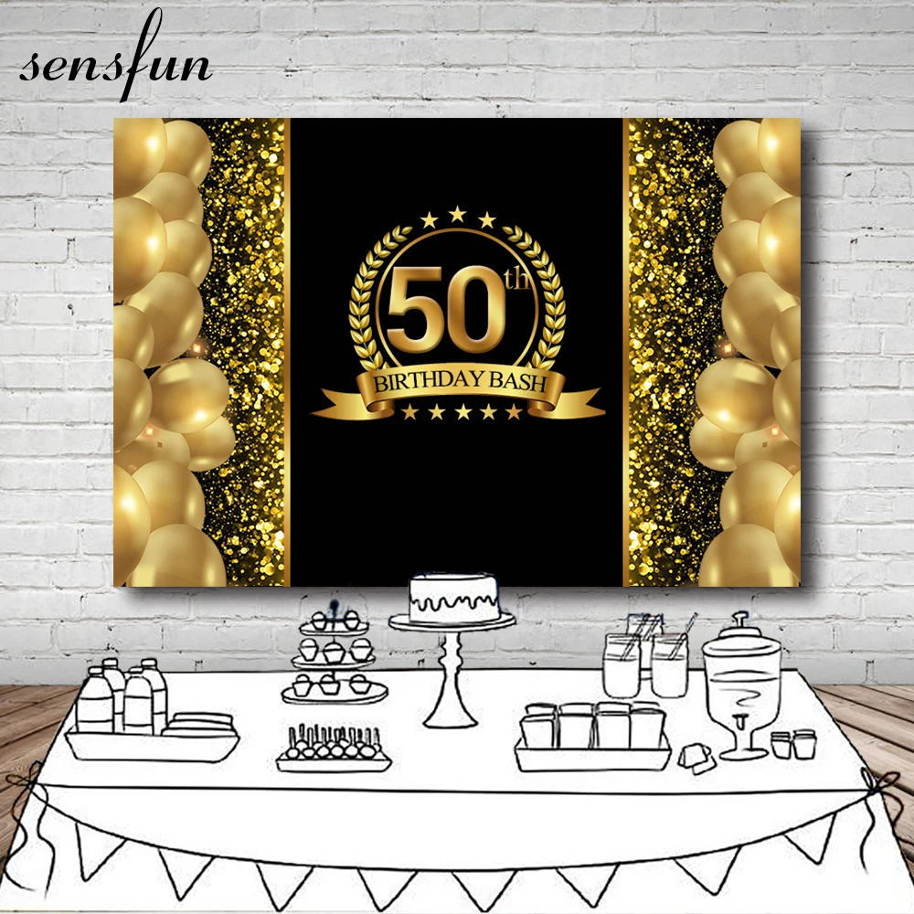 Sensfun Роскошные блестящие фоны с 50-летним днем рождения для фотостудии золотые шары блестящие черные фоны 7x5ft винил