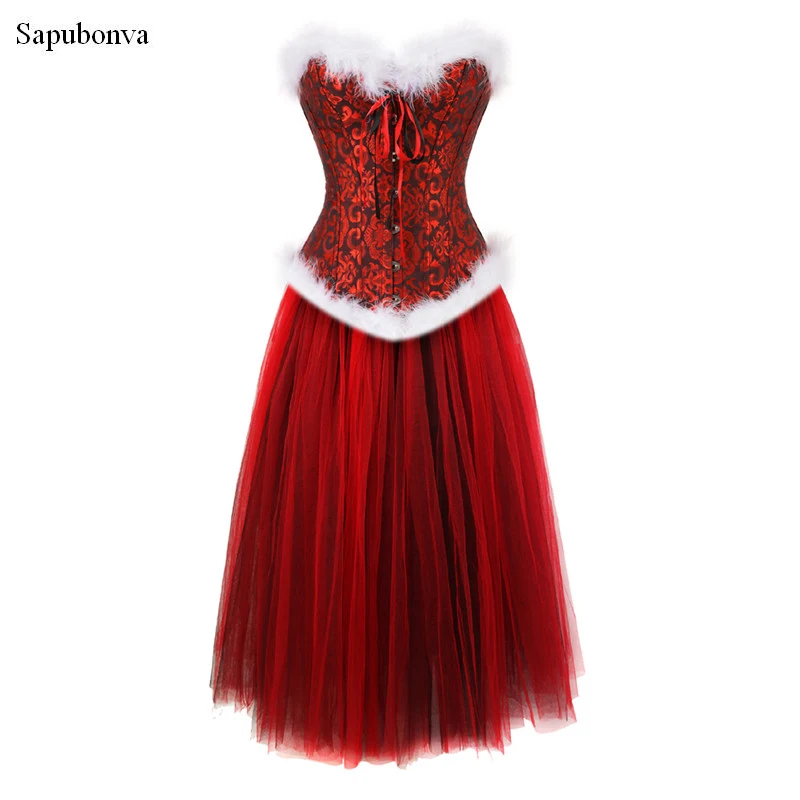Sapubonva-مشدات للكريسماس للنساء ، أزياء للفساتين ، تنورة طويلة شبكية سوداء وحمراء ، مشد فيكتوري زهري ، مقاس كبير