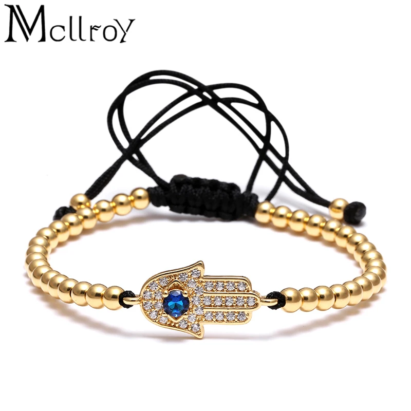 Mcllroy мужские Хамса браслет Micro Pave Шарм Черный CZ Кристалл ручной работы плетеный