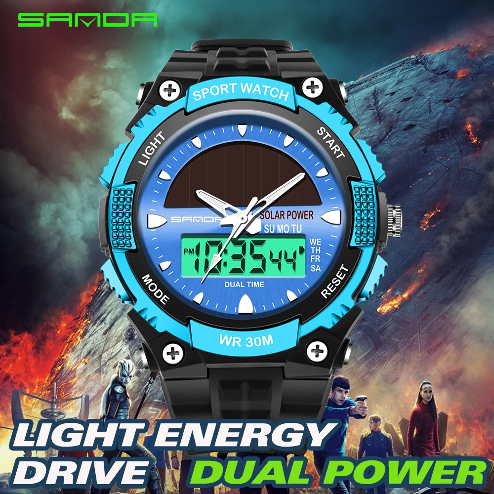 Мужские часы с солнечной батареей модные водонепроницаемые светодиодные