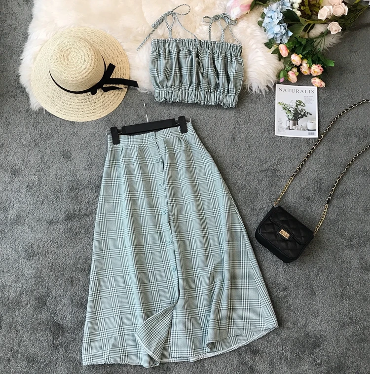 Женский комплект из двух предметов элегантный короткий топ и клетчатая юбка в