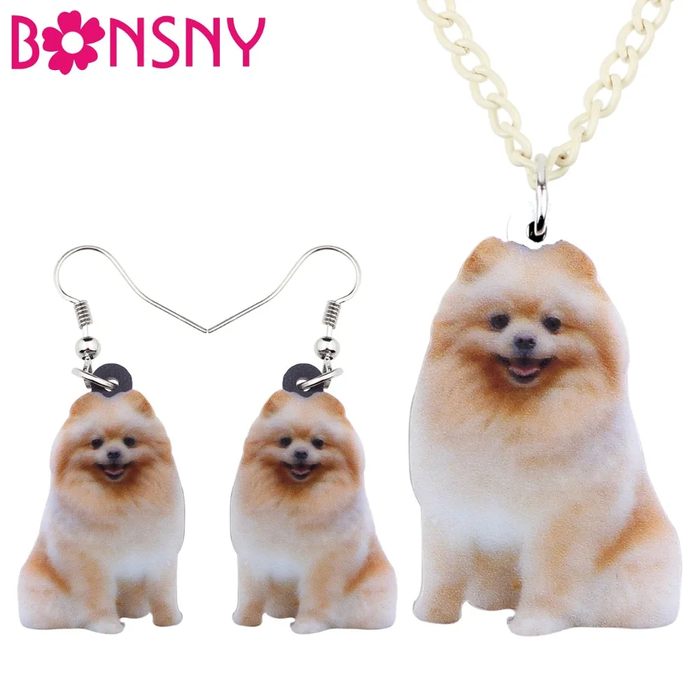 

Bonsny Acrylic Sitting Pomeranian Dog Jewelry Sets Earrings Drop Dangle Necklace Pendant Cute Animal Gift For Women Girls Bijoux