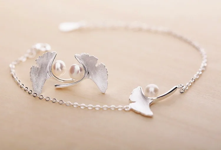 Ginkgo Biloba натуральный жемчуг Корея 925 пробы Серебряный темперамент Женский модный изменяемый Размер браслеты SBR036