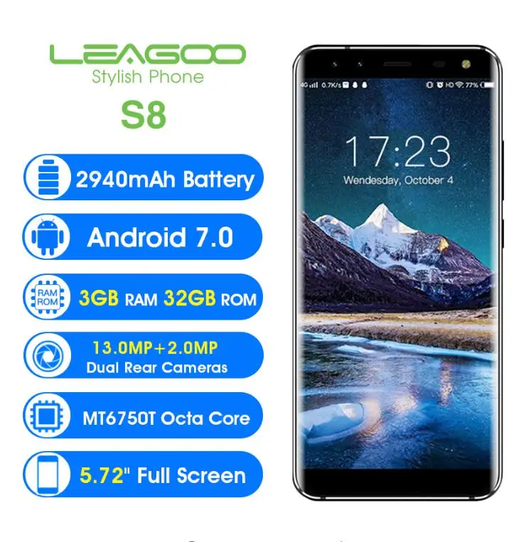 Оригинальный LEAGOO S8 5 72 &quotHD + 18:9 Дисплей Android 7 0 MTK6750T восьмиядерный смартфон 3 GB
