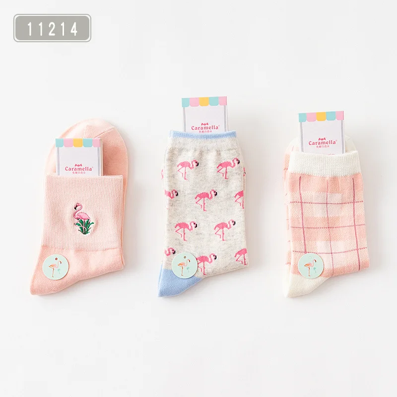 3 пары/Лот женские хлопковые носки с рисунком фламинго розовые клетчатые |