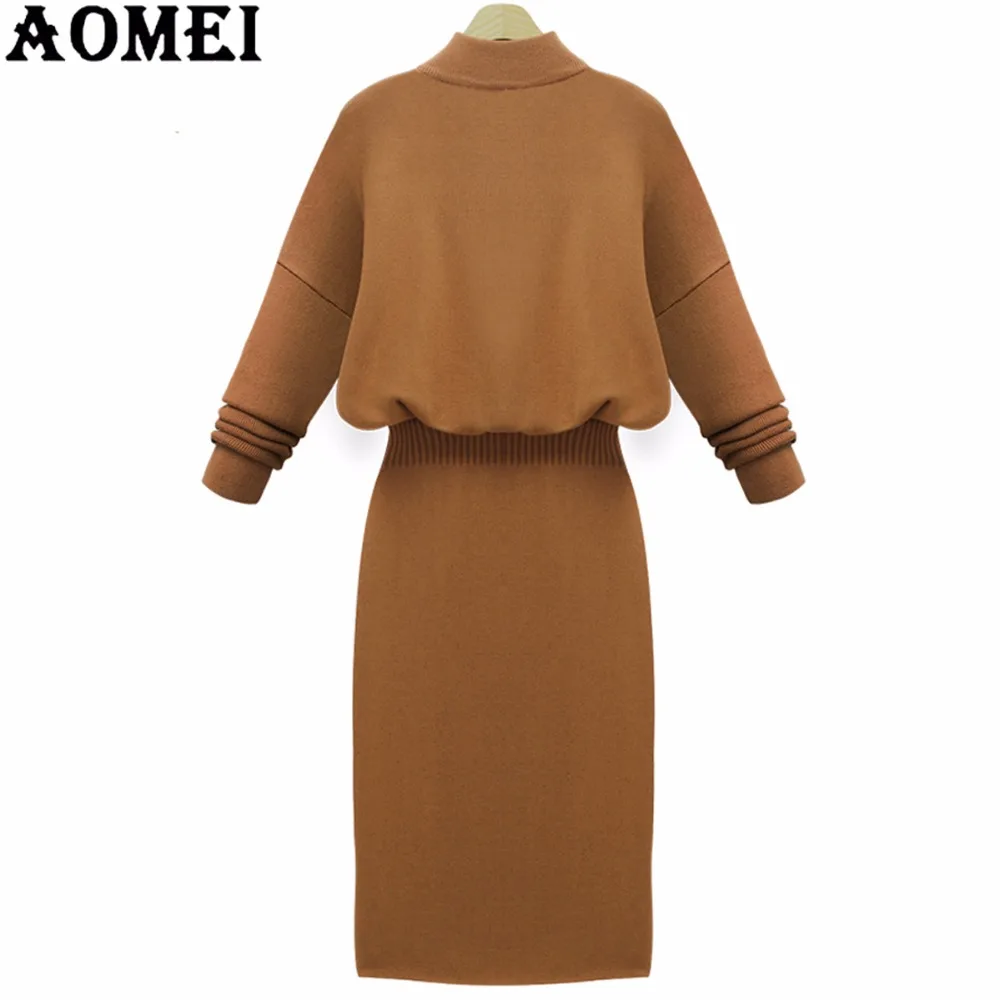 2019 Женское зимнее платье-свитер длинный вязаный джемпер хаки красный осенний