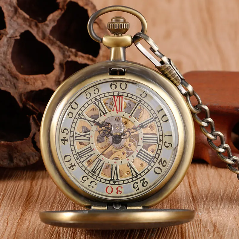 

Bronze Mechanical Watch Hand Wind Pocket Board Plank Pattern Retro Vintage Antique Style Wind Up Pendant Fob Chain For Men Women