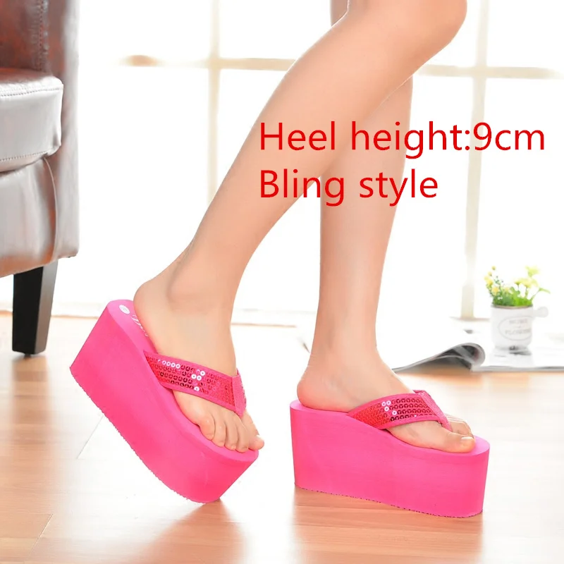 rose red bling 9cm Женские пляжные вьетнамки; Летняя обувь на платформе; женские босоножки на танкетке без застежки; шикарный стиль; модные женские шлепанцы на высоком каблуке; SH041101 - Цвет: rose red bling 9cm