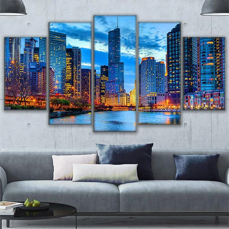 Холст настенные художественные картины Домашний Декор 5 шт. Chicago City Night View картины HD принты красивая река город здание плакаты