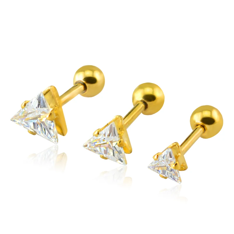 Серьги гвоздики с фианитами для пирсинга уха треугольные серьги прокола