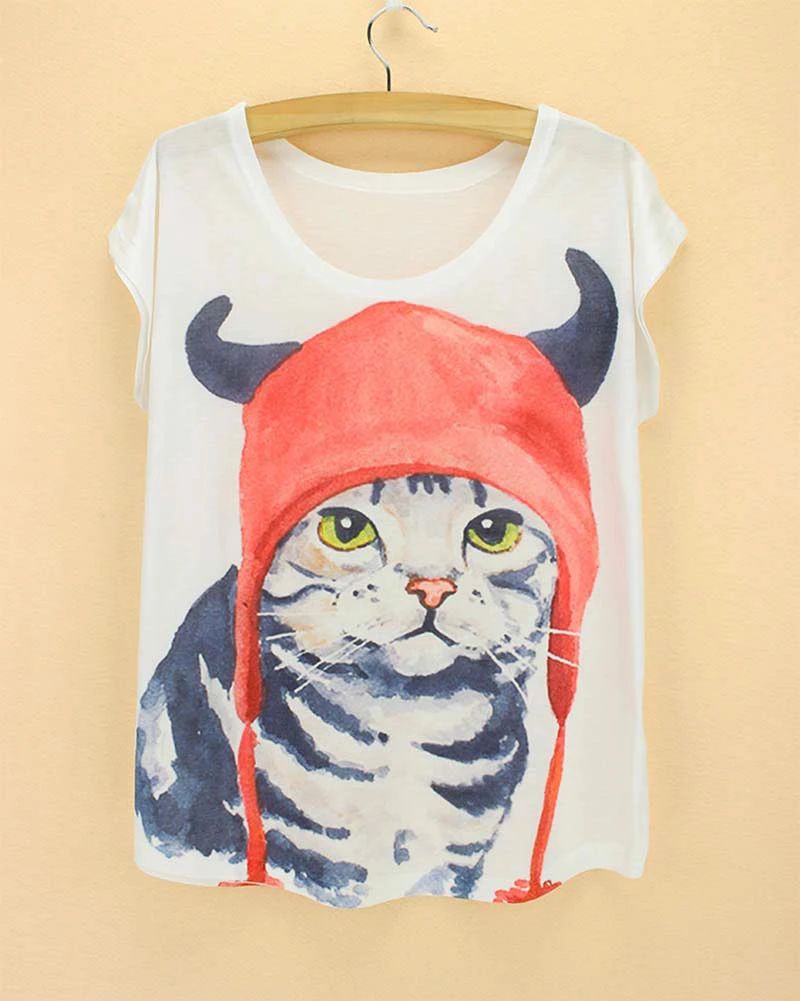 Футболки с принтами кошек шляпа головой дьявола футболка кошкой женская красная
