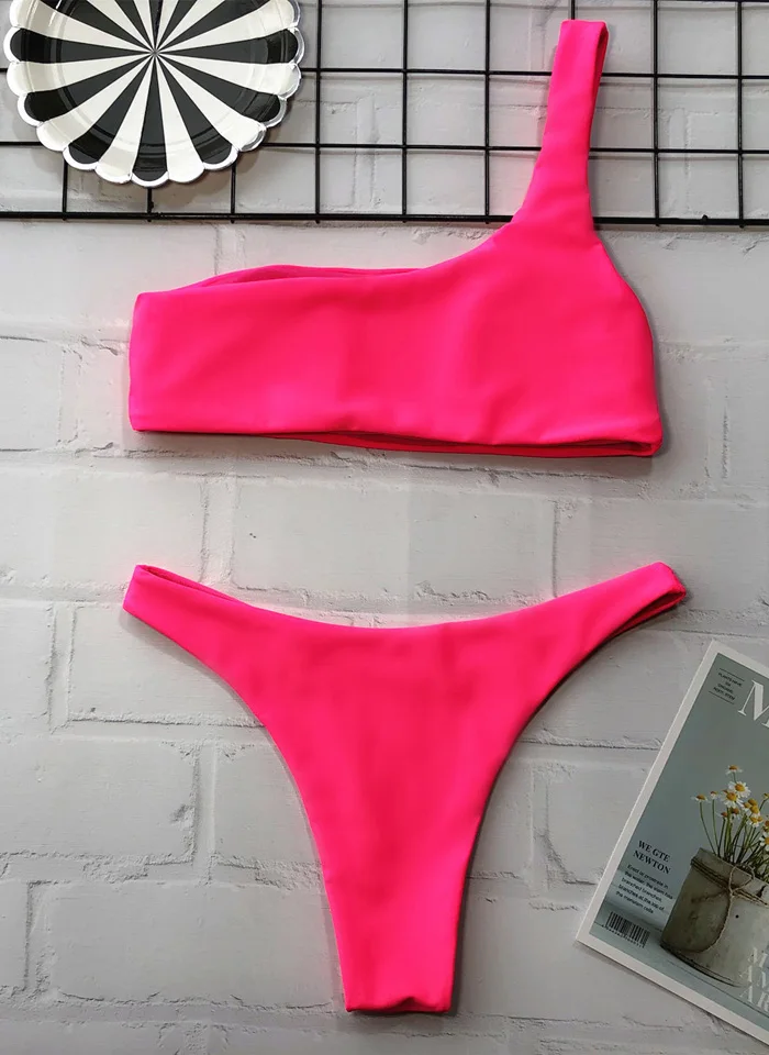 Karlofea Summer One Shoulder Asymmetric Bikini V Shape Thong Swimsuit Women Fashion Neon Green Pink Swimwear Sexy Chic Beachwear