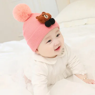 Pink Bear Ideacherry/детская шапка, Теплая Зимняя шерстяная шапка с рисунком для малышей, вязаная шапочка мех, помпон, шапка, шарф, комплект для От 1 до 3 лет, шапки для маленьких мальчиков и девочек - Цвет: Pink Bear