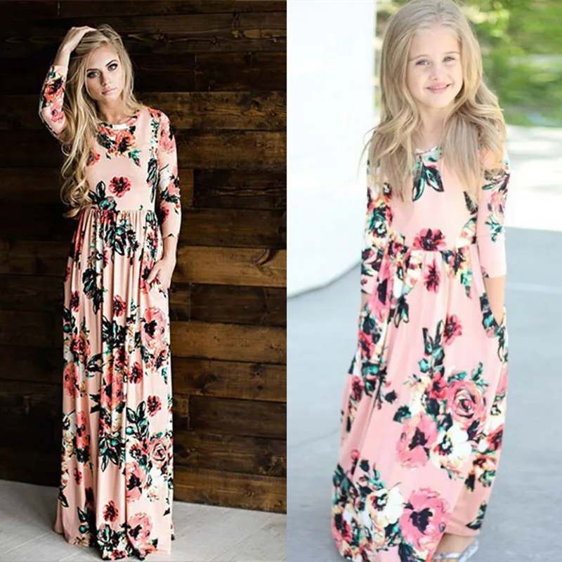 Mother Daughter Dress Long Sleeve Family Matching Outfits Mommy and Me Floral Maxi Dresses Match Beach D0906 | Мать и ребенок
