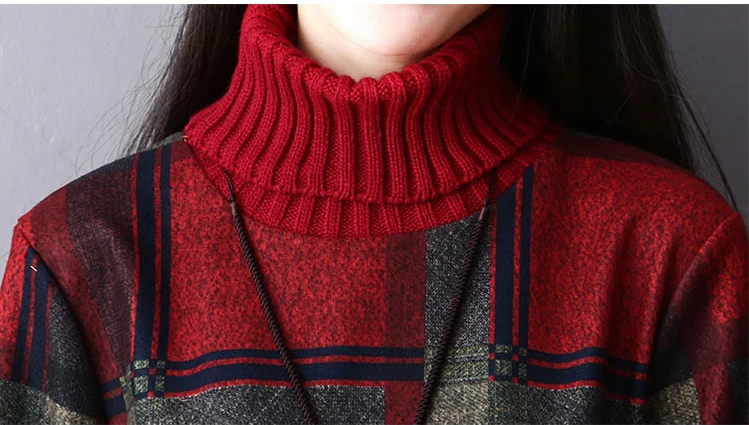 Saiqigui 2019 Autumn winter dress Vintage Turtleneck long sleeve women casual Loose A-Line Plaid vestidos | Женская одежда