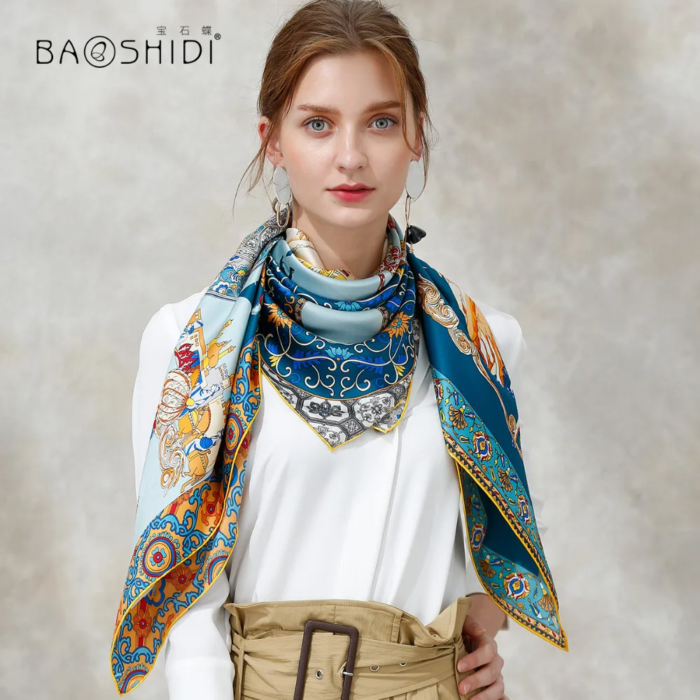 Женский атласный шарф BAOSHIDI платок из 100% шелка на 16 момме квадратный 106*106 осень 2017|