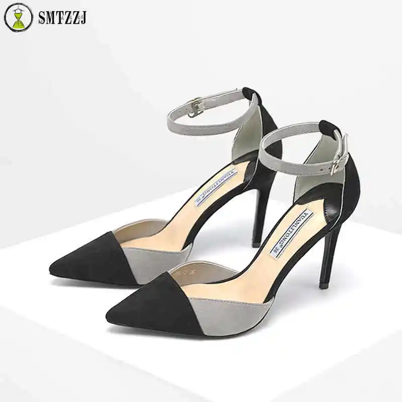 Женские туфли лодочки из флока на тонком высоком каблуке элегантные с ремешком