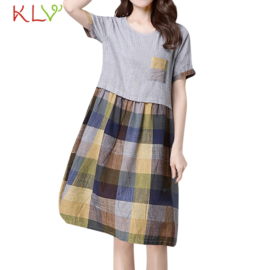 Женское платье в клетку из хлопка и льна с карманами повседневное свободное