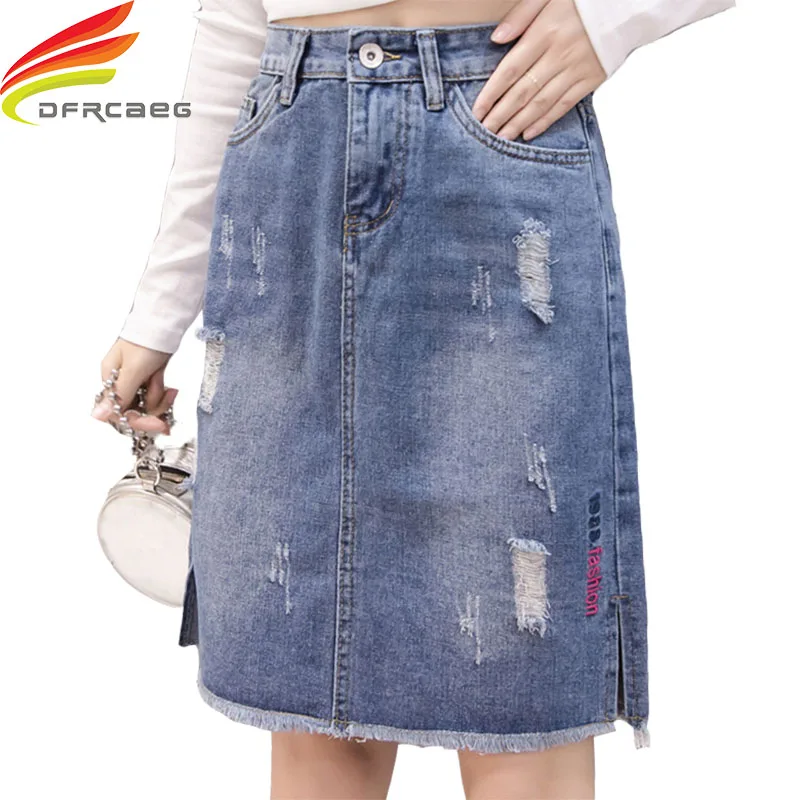 Джинсовые юбки с завышенной талией Новое поступление 2018 рваная трапециевидная