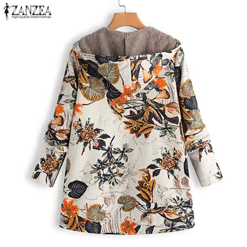 S 5XL ZANZEA Женское пальто из искусственного меха с открытым штиком зимние Плюшевые Пушистые куртки винтажное пальто с капюшоном и длинным рукавом с цветочным принтом