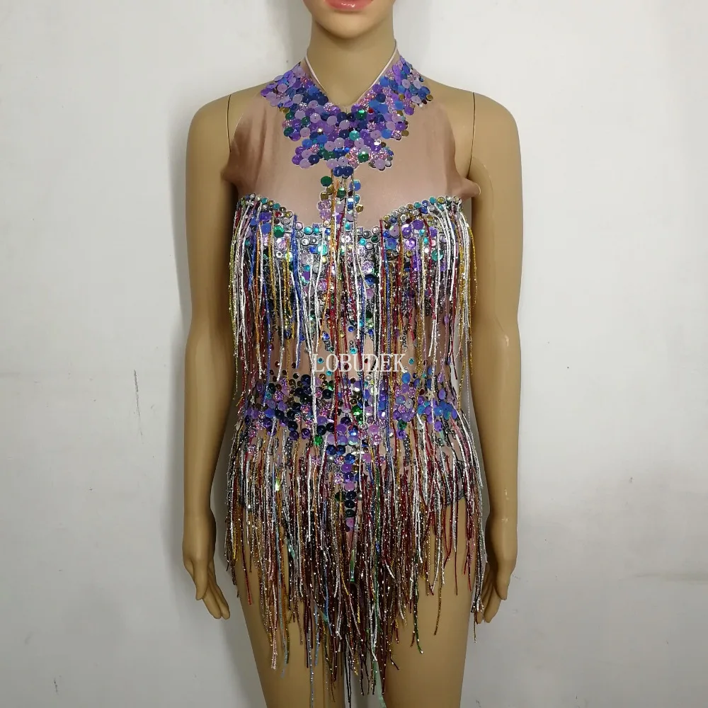 Two Styles Colorful Rhinestones Tassels Bodysuit Sleeveless Crystals Fringed Bodysuit Nightclub Sexy Women Stage Dance Costume