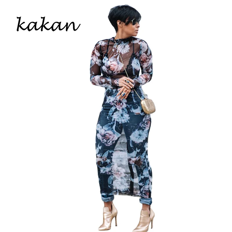 Женское длинное платье с принтом Kakan летнее стрейч из сетчатой ткани размеры XL |