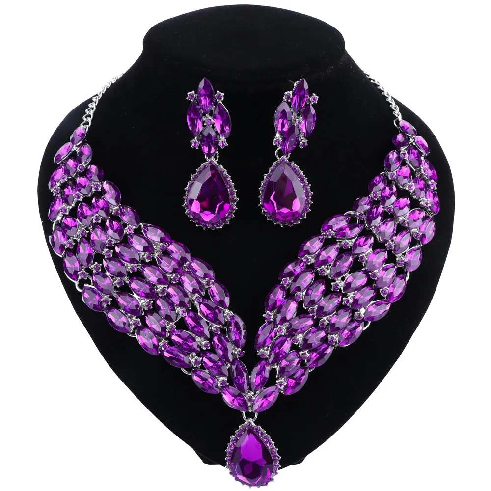 Purple Модный свадебный комплект для невесты, формальная вечеринка, выпускной, ювелирное изделие, кристаллы, стразы, массивное ожерелье, серьги, ювелирный набор - Окраска металла: Purple