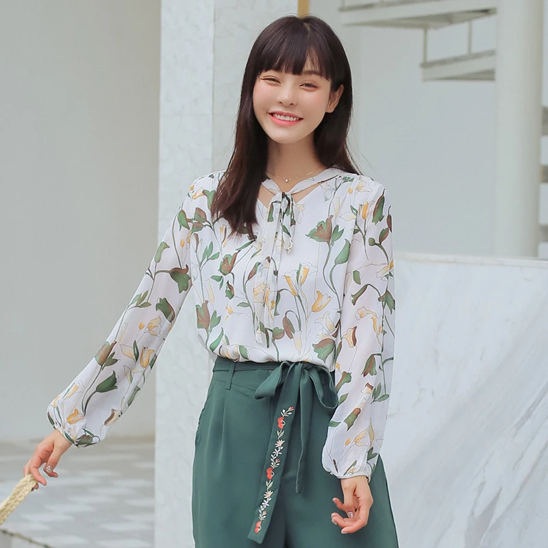 Цветочный Шифоновая блузка Ulzzang Повседневное Верхняя часть одежды Для женщин