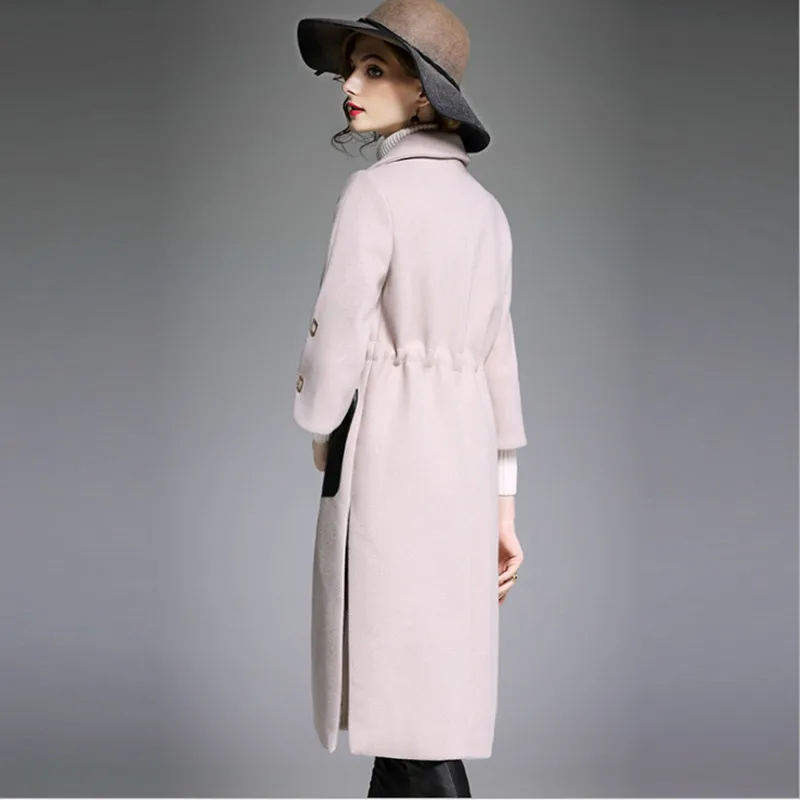 European New Style Elegant Woolen Coat Women Half Sleeve jacket Fashion Winter 2017 Ladies Slim PU Pocket Spliced Outwear coat |