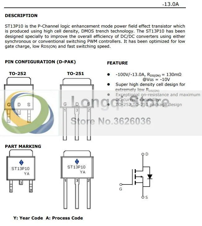 10 шт. 13P10 к-252 P РЕЖИМА ПОВЫШЕНИЯ канала MOSFET PNP 13A 100 В