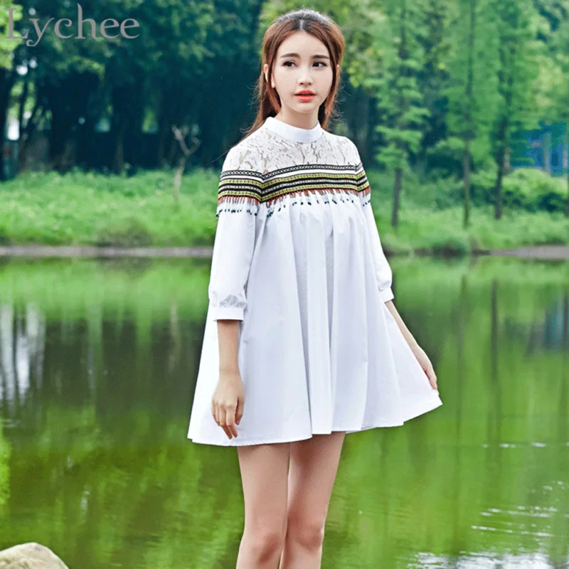 Женское богемное мини платье Lychee милое этническое с вышивкой и кисточками