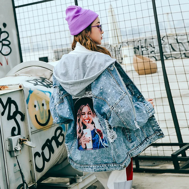 2019 Весенняя хлопковая джинсовая куртка с капюшоном женская аппликацией и