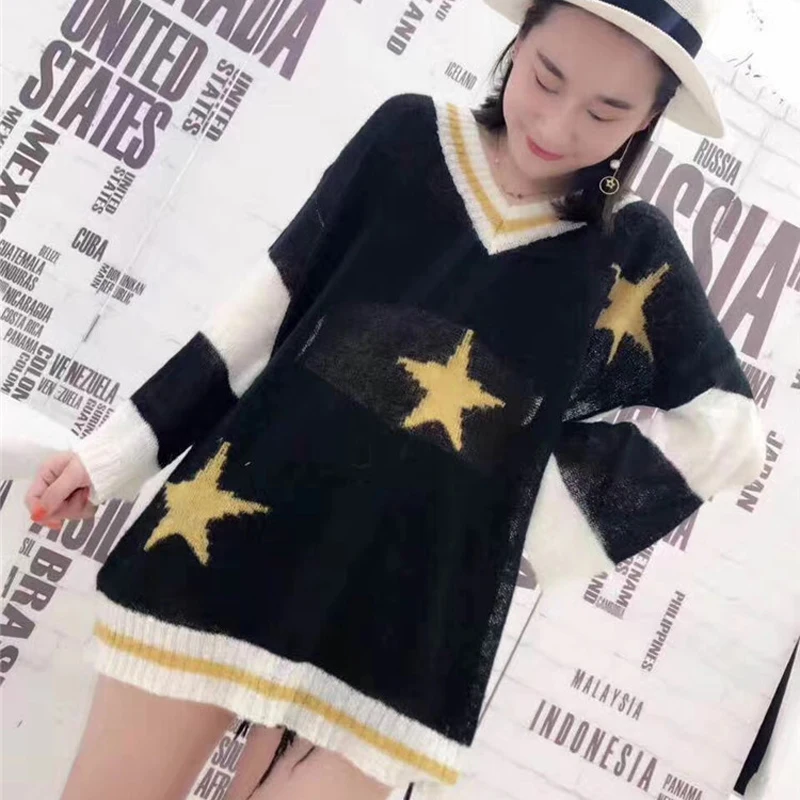 Женский мохеровый пуловер Свободный с V-образным вырезом и звездами весна 2020 |