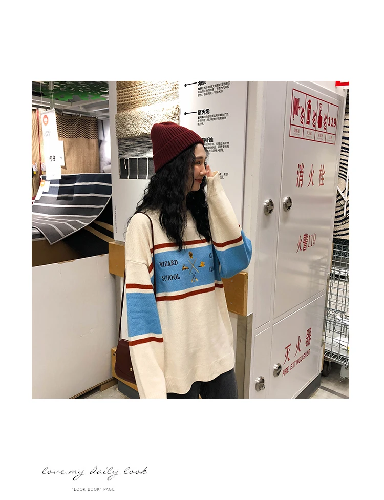 Woherb женский корейский Harajuku полосатый свитер женский пуловер Kawaii Ulzzang вышивка джемпер одежда для женщин 22873