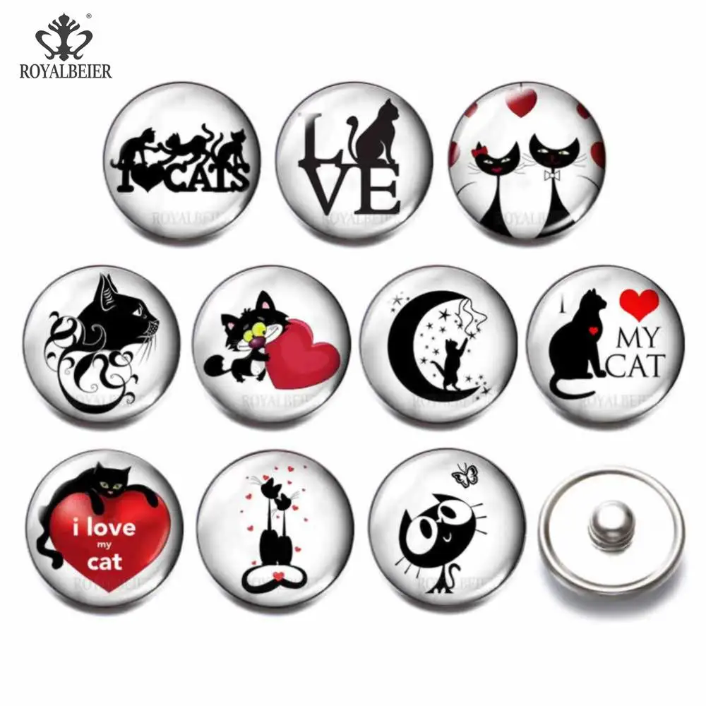 KG0186-10pcs 10 шт/лот 18 мм Стеклянная Кнопка I Love Cute black and white Cats стеклянная пряжка 18 мм украшение с защелкой Fit Snap Jewelry KG0186 - Окраска металла: KG0186-10pcs
